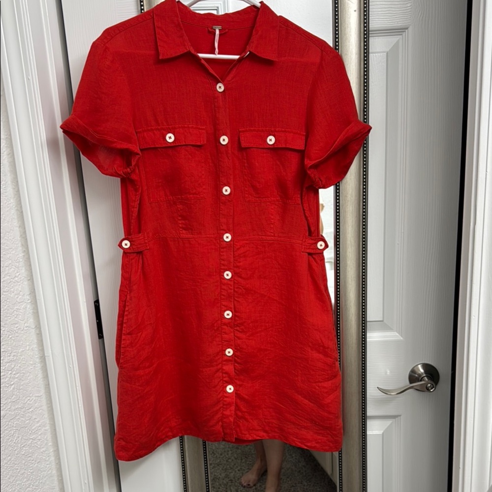 Free People Red/OrangeLinen Button-Up Mini Dress. Size: Med. Great Condition!